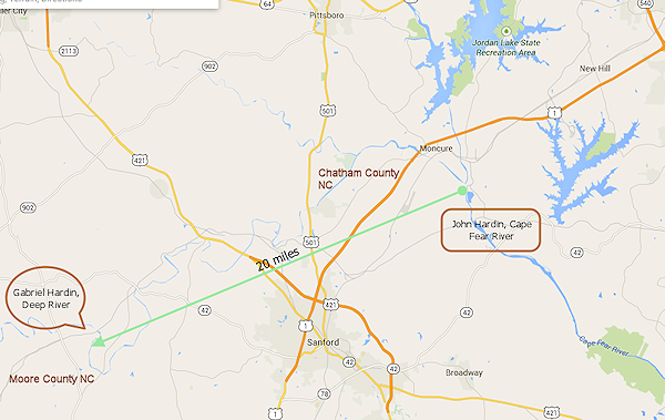 20 miles between Gabriel and John Hardin.