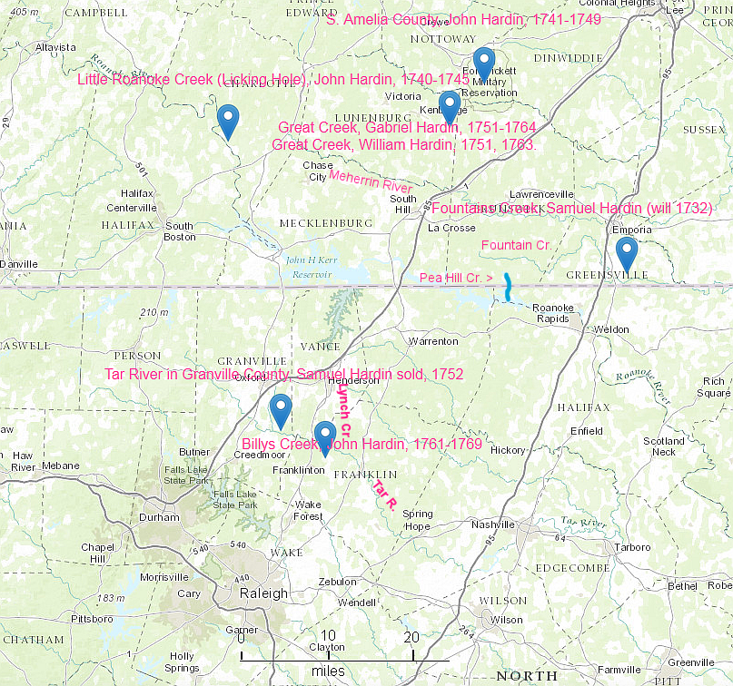 Map of Hardin Locations around Brunswick County, Virginia